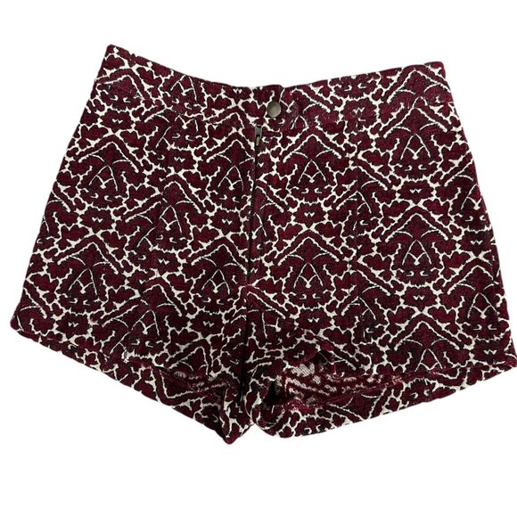 Ecote Burgundy & Cream Glam Festival Brocade High-Waisted Retro Club Shorts 0 - Picture 3 of 10